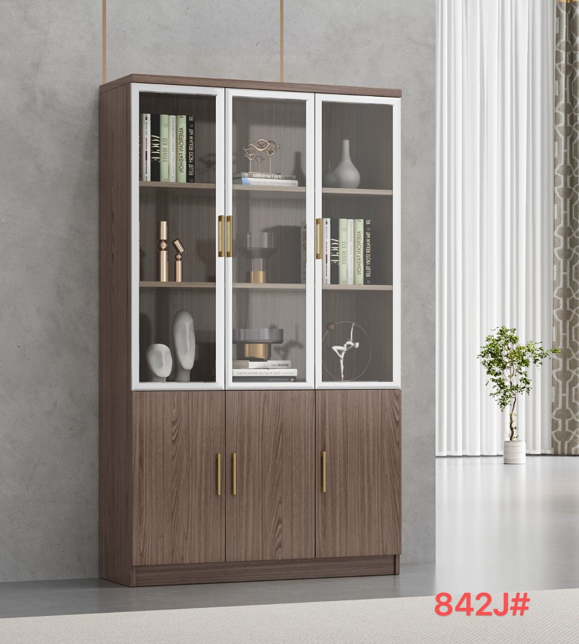 Armoire 842J de rangement de bureau en bois moderne avec portes transparentes et option de verrouillage