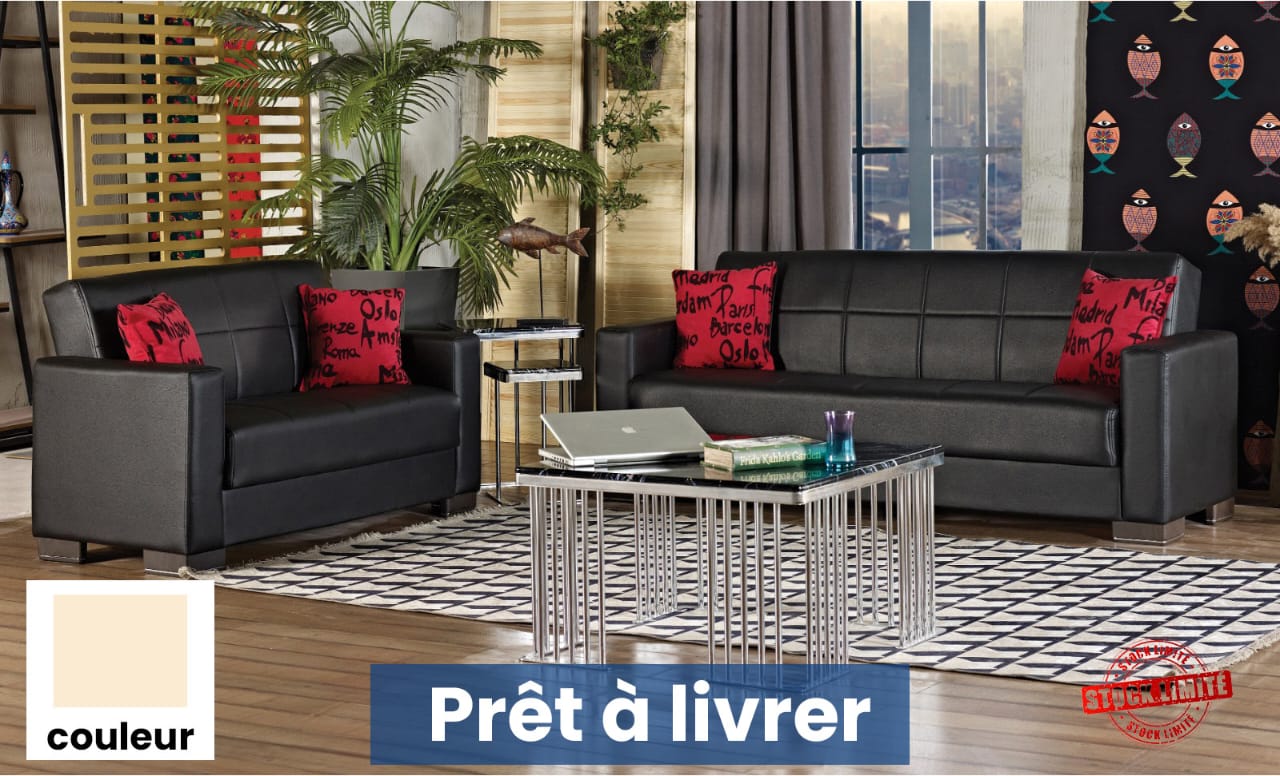 SALON CANAPE LIT 3-2-1 6PLACES CREME SIMILI-CUIR