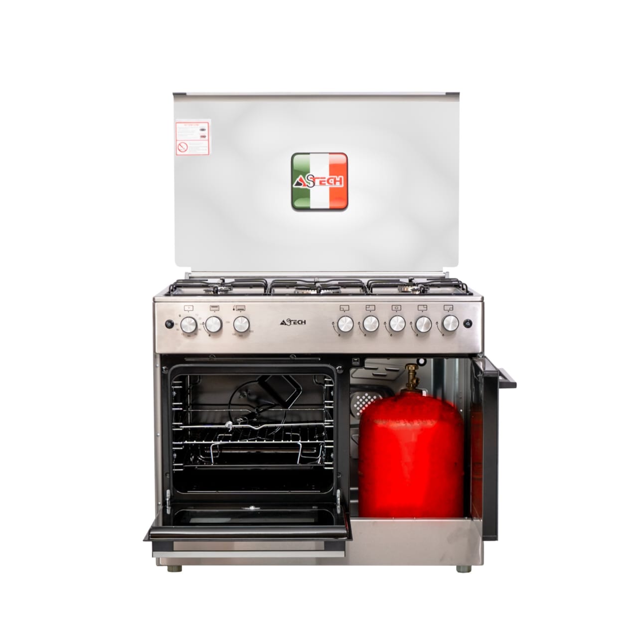 Nom produit Cuisinière ASTECH CK95BSAR / Bouteille à gaz 5 Feux Description Marque: ASTECH STECH Catégorie: Cuisinière Marque: ASTECH Modèle: CK95 Couleur: Gris Type de produit: Cuisinière 5 feux à gaz avec porte bouteille, Tourne broche, allumage électri