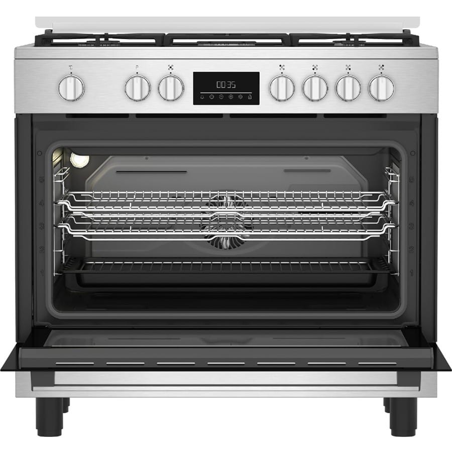 CUISINIERE BEKO 5FEUX 90X60 A GAZ FULL OPTION VENTILO+ FOUR ELECTRIQUE INOX BGM11226EX
